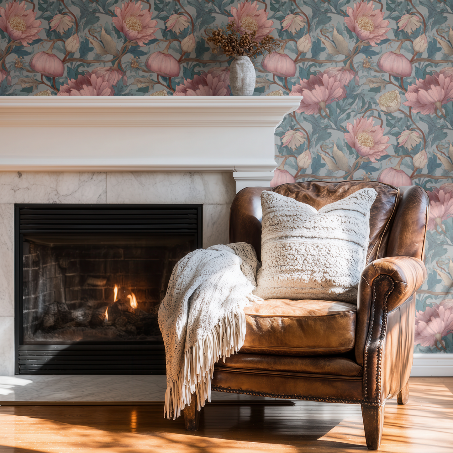 Green Floral Wallpaper shown in a second room with the art nouveau verdure reading as period-rich botanical decoration