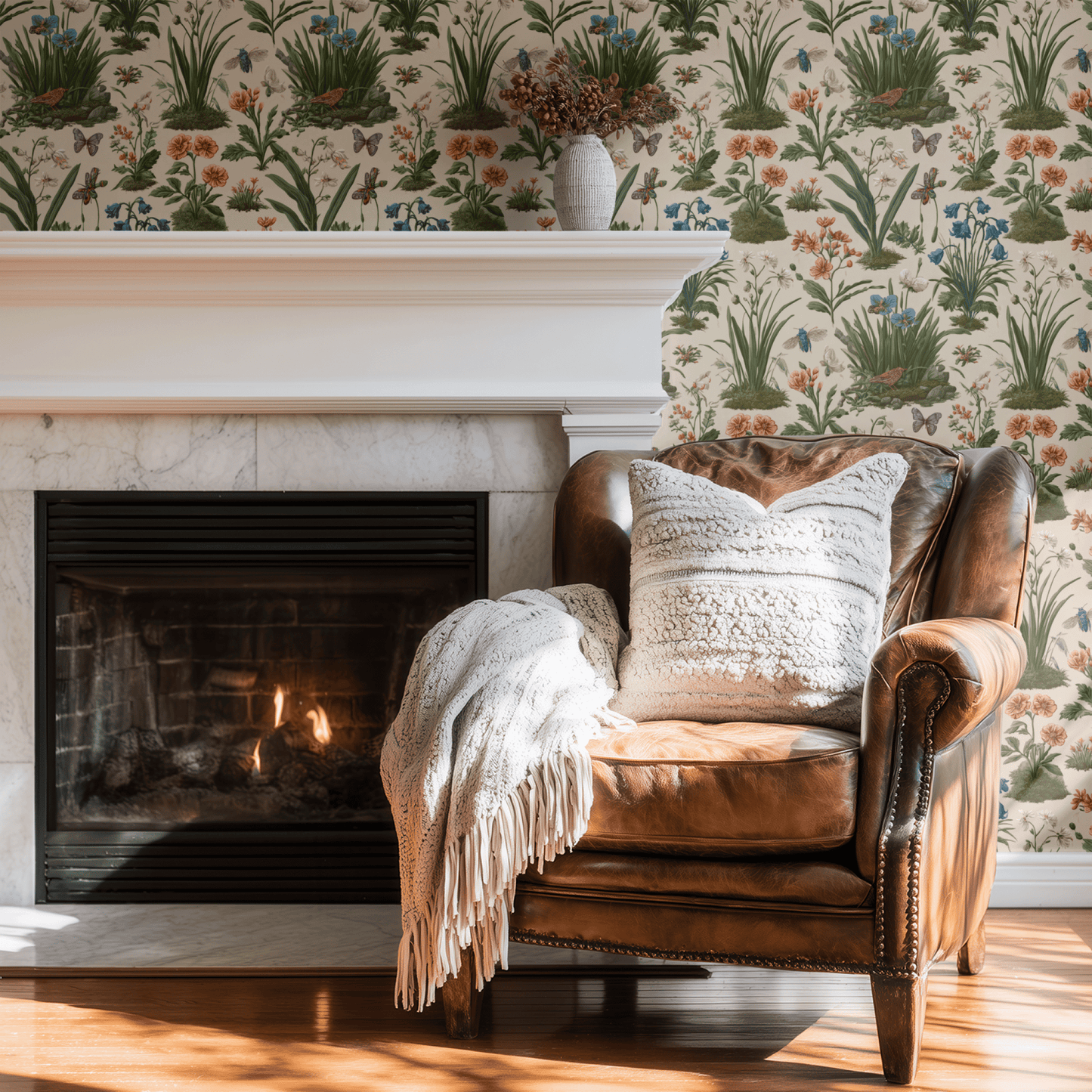 Cream Animal Print Wallpaper shown in a second room with the dark cottagecore meadow reading as atmospheric country-cottage decoration