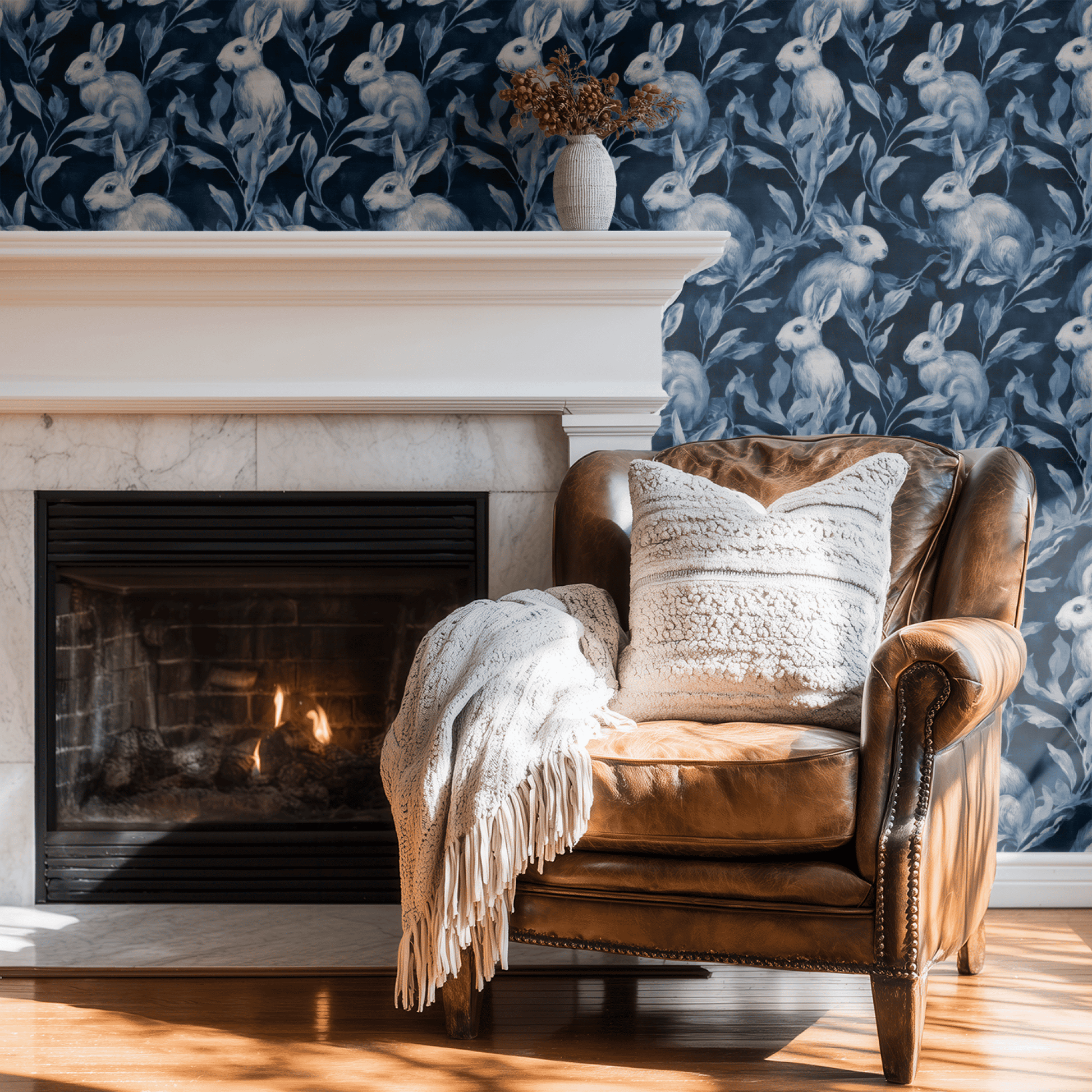 Blue Animal Print Wallpaper shown in a second room with the woodland rabbits giving the wall a playful country woodland atmosphere
