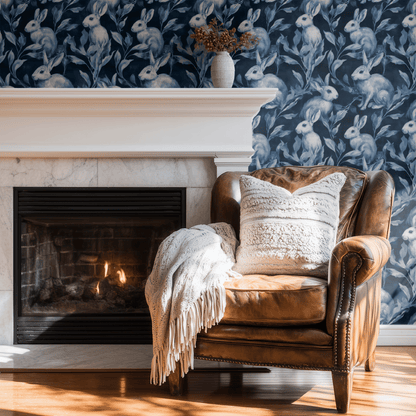 Blue Animal Print Wallpaper shown in a second room with the woodland rabbits giving the wall a playful country woodland atmosphere
