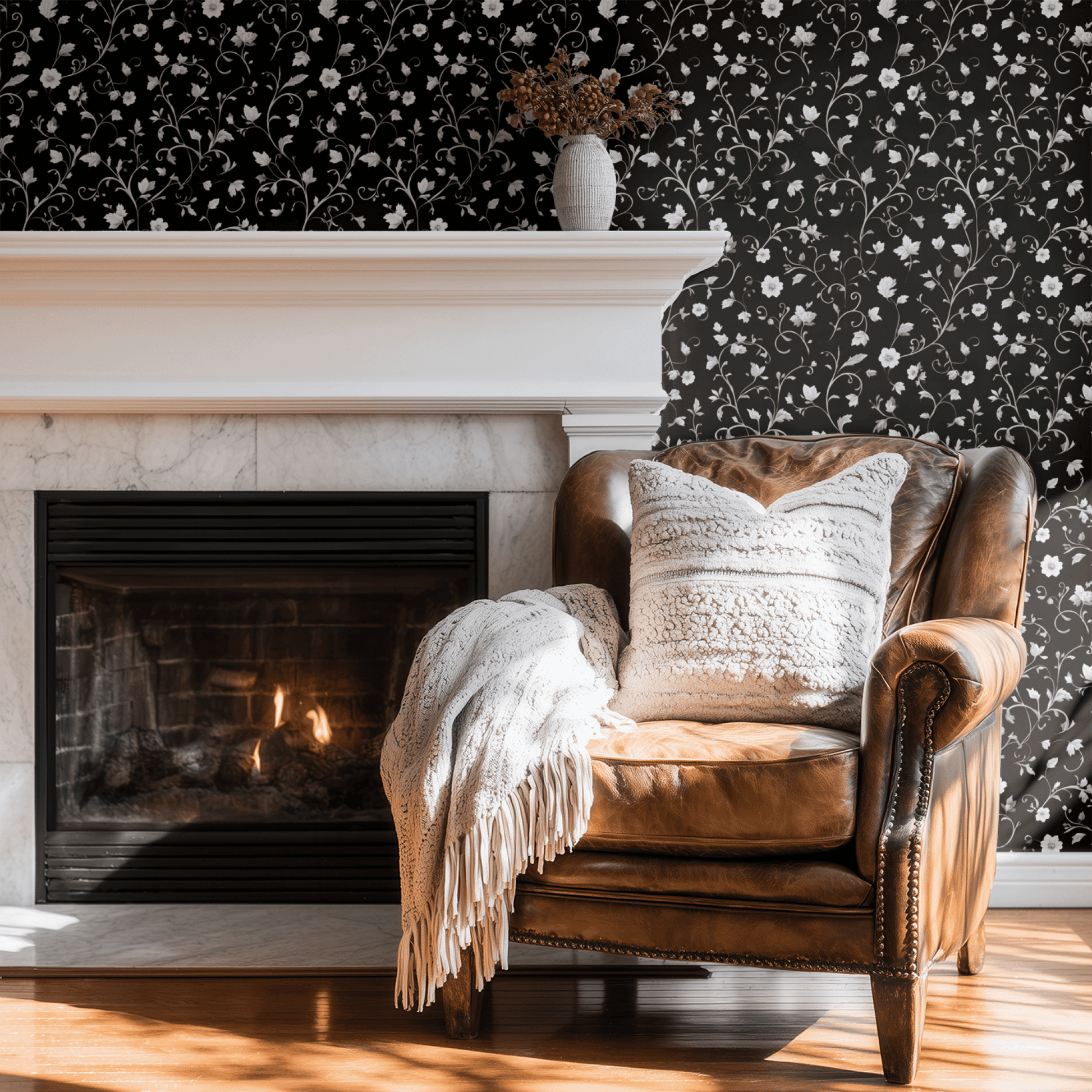 Black Botanical Wallpaper shown in a second interior with the black tendrils reading as theatrically art nouveau decoration