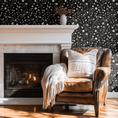 Black Botanical Wallpaper shown in a second interior with the black tendrils reading as theatrically art nouveau decoration