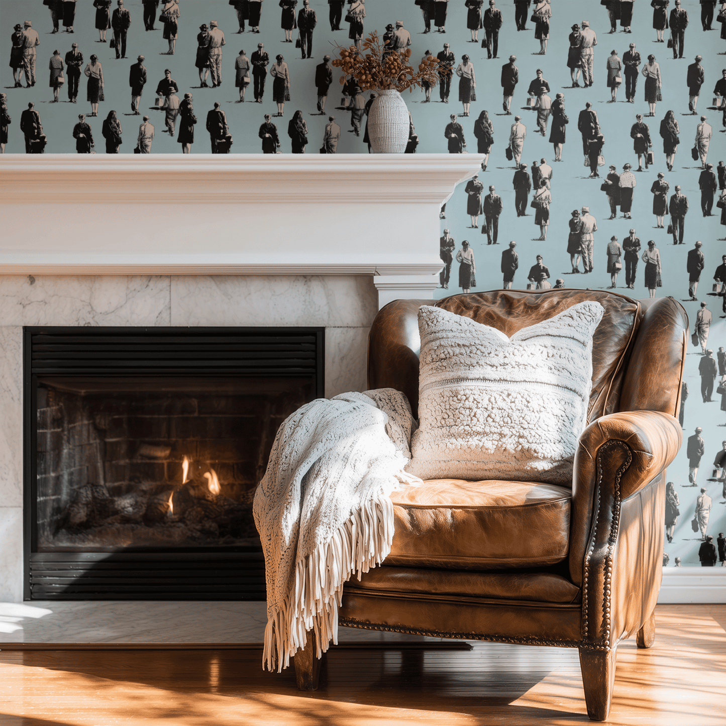 Blue Toile Wallpaper shown in a second interior with the blue ink toile reading as quietly French-country decoration