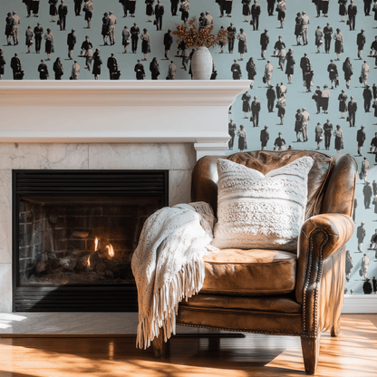 Blue Toile Wallpaper shown in a second interior with the blue ink toile reading as quietly French-country decoration