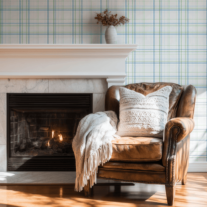 White Geometric Wallpaper shown in a second interior with the white grid reading as quietly modernist architectural pattern
