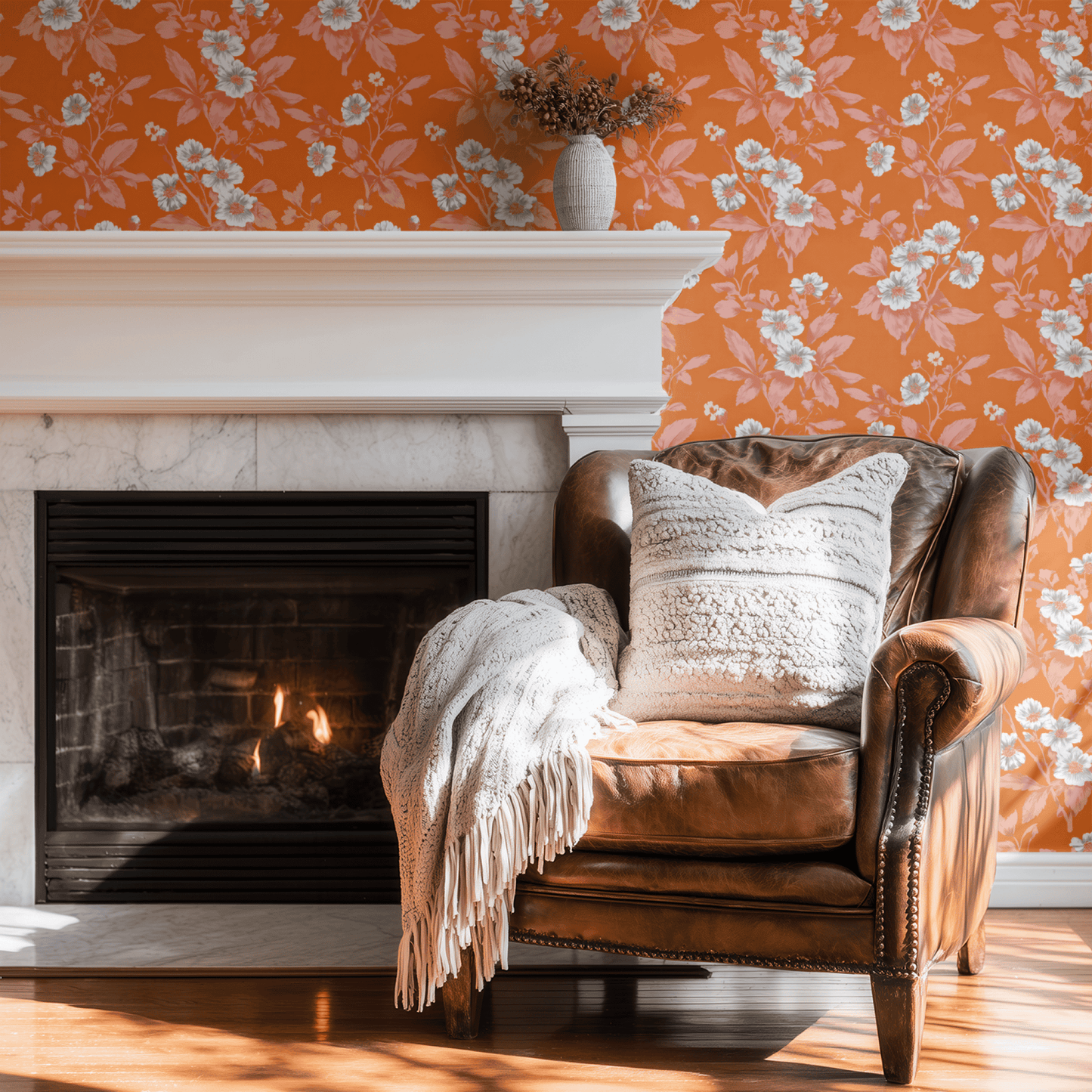 Orange Floral Wallpaper shown in a second interior with the tangerine etched reading as warmly etched cottage decoration