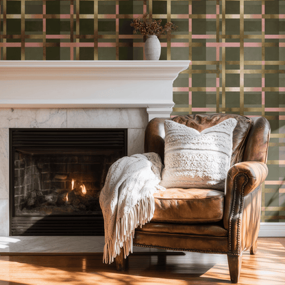 Green Geometric Wallpaper shown in a second room with the metallic green plaid reading as warmly modernist geometric decoration