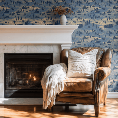Cream Toile Wallpaper shown in a second room with the lakeside toile reading as classically scenic country-house decoration