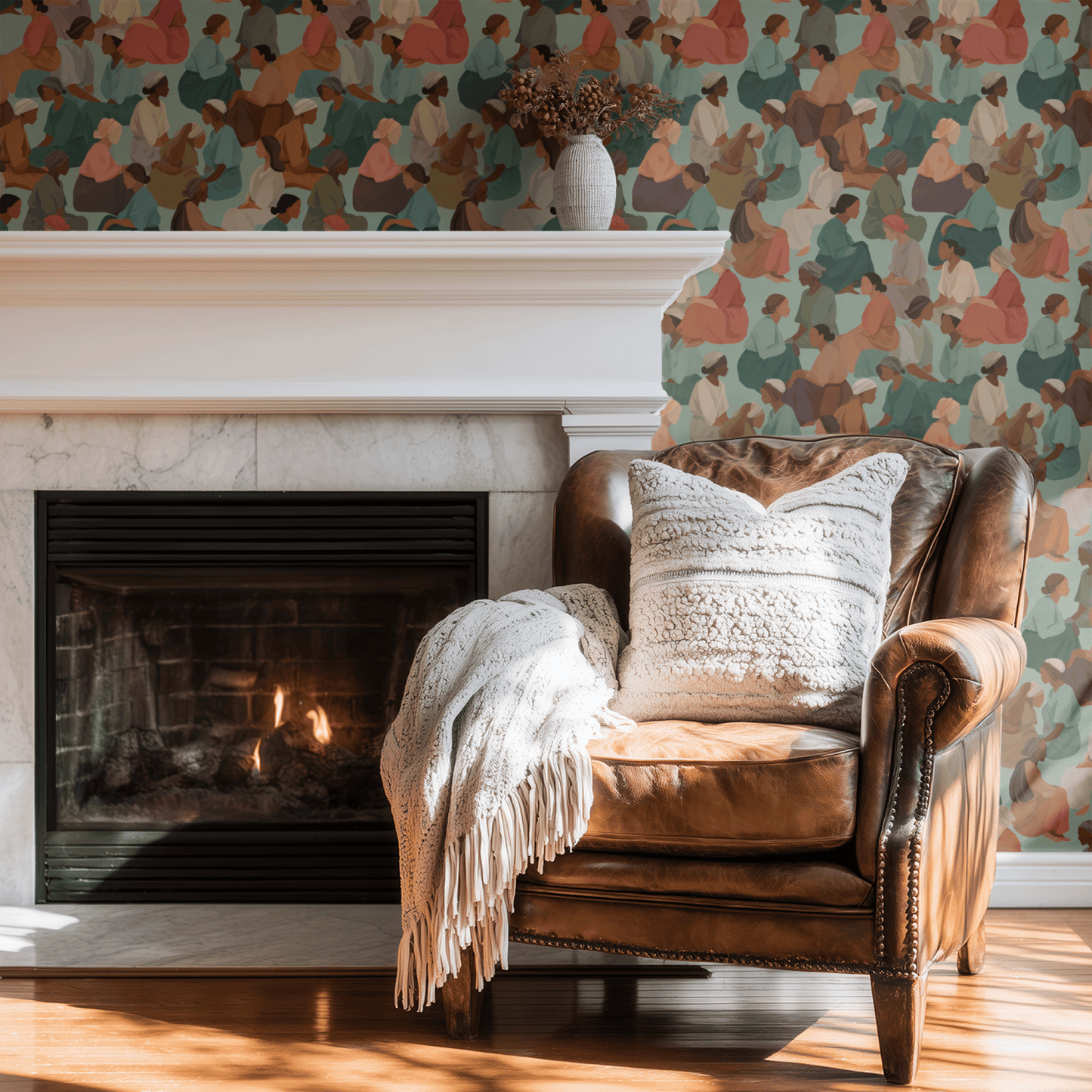 Green Abstract Wallpaper shown in a second room with the minimalist figure reading as a quiet contemporary studio statement
