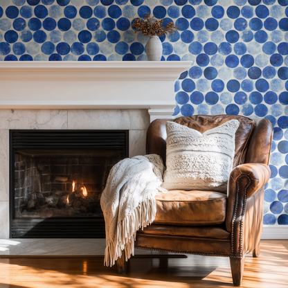 Blue Geometric Wallpaper installed on a room wall with block-print geometric polka dot pattern in deep azure blue
