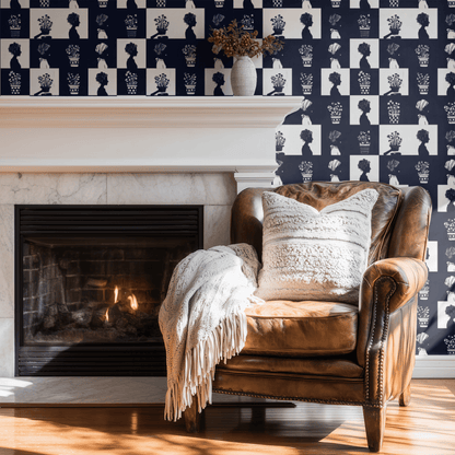 Blue Toile Wallpaper installed in a room interior with monochrome blue checkerboard and toile floral pattern