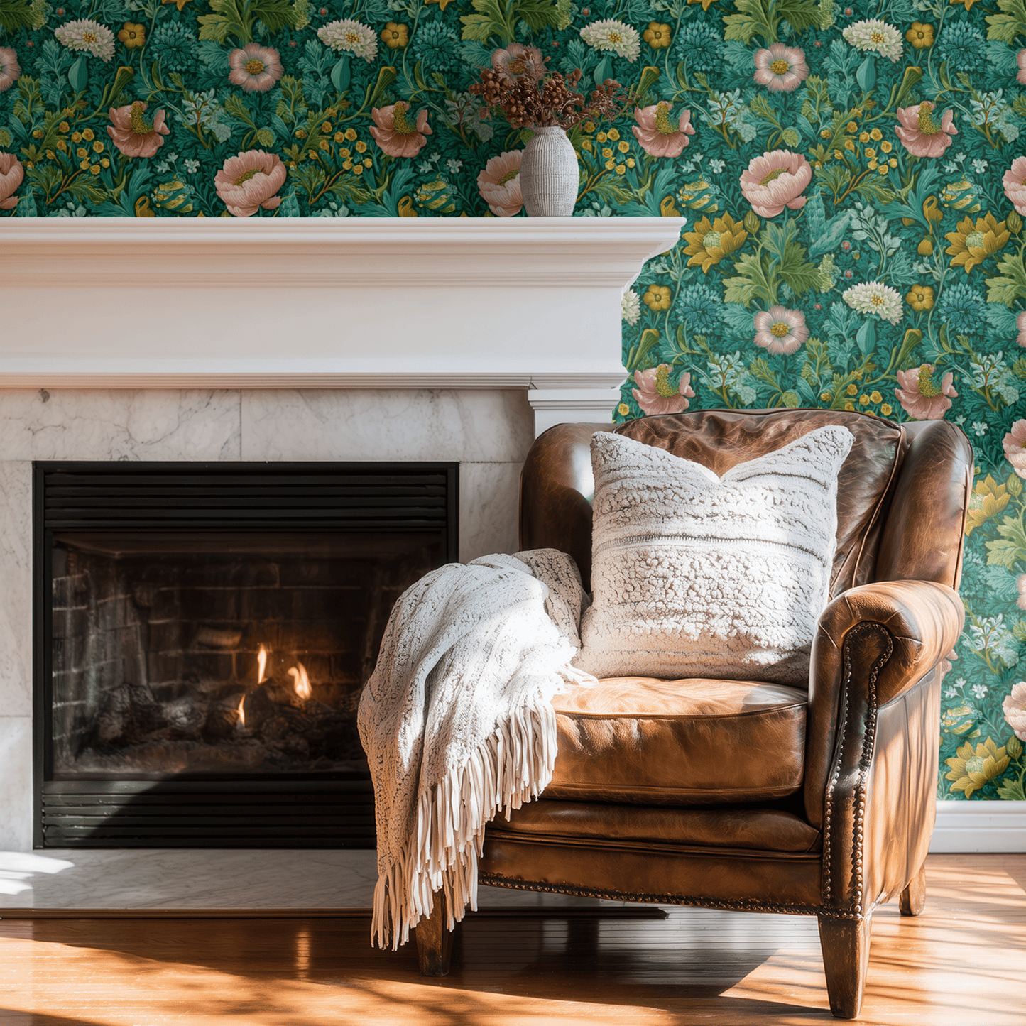 Green Floral Wallpaper shown in a second room with the teal botanical reading as confidently traditional decoration