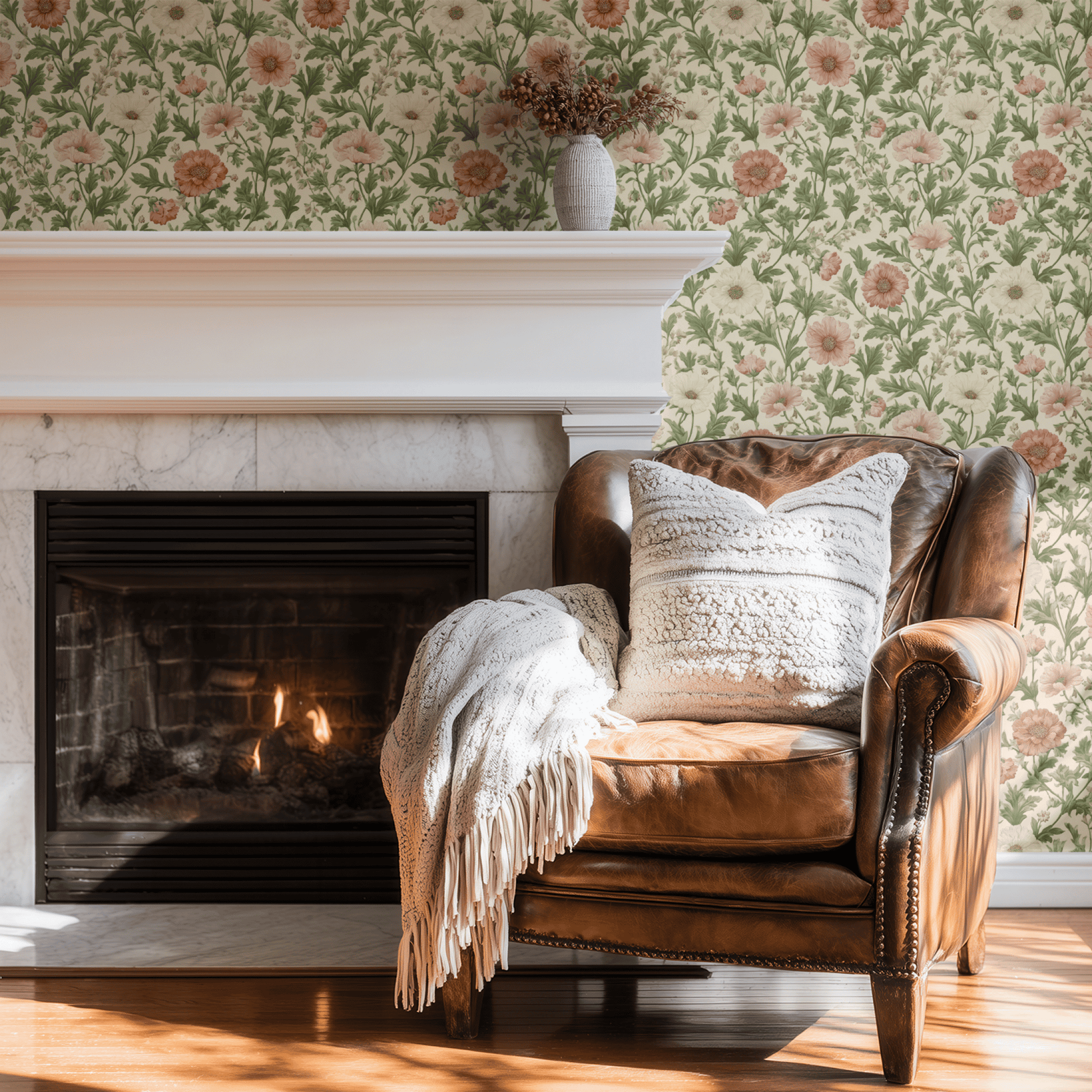 Cream Floral Wallpaper shown in a second interior with the rosaline garden reading as warmly traditional decoration