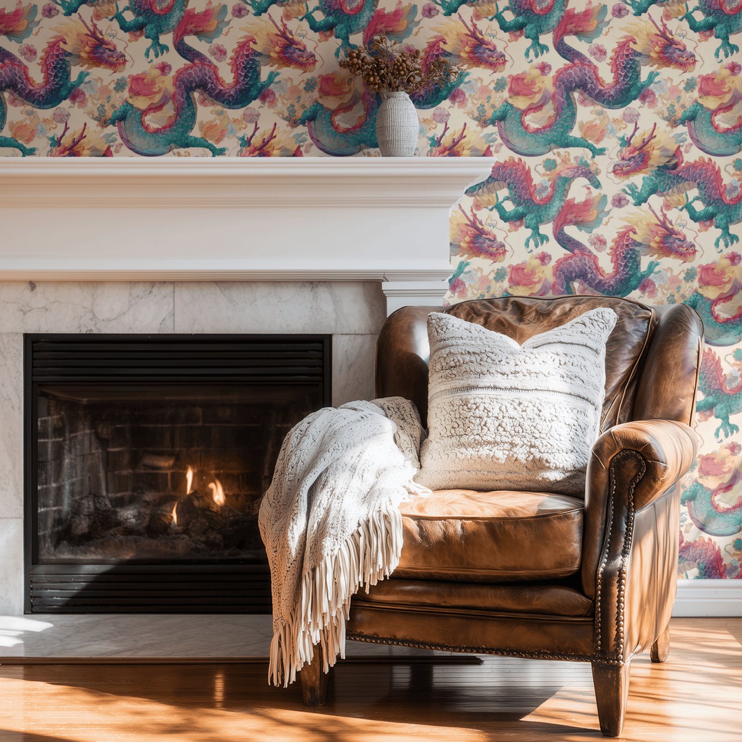 Cream Animal Print Wallpaper shown in a second interior with the chinoiserie dragons reading as culturally rich and softly painterly