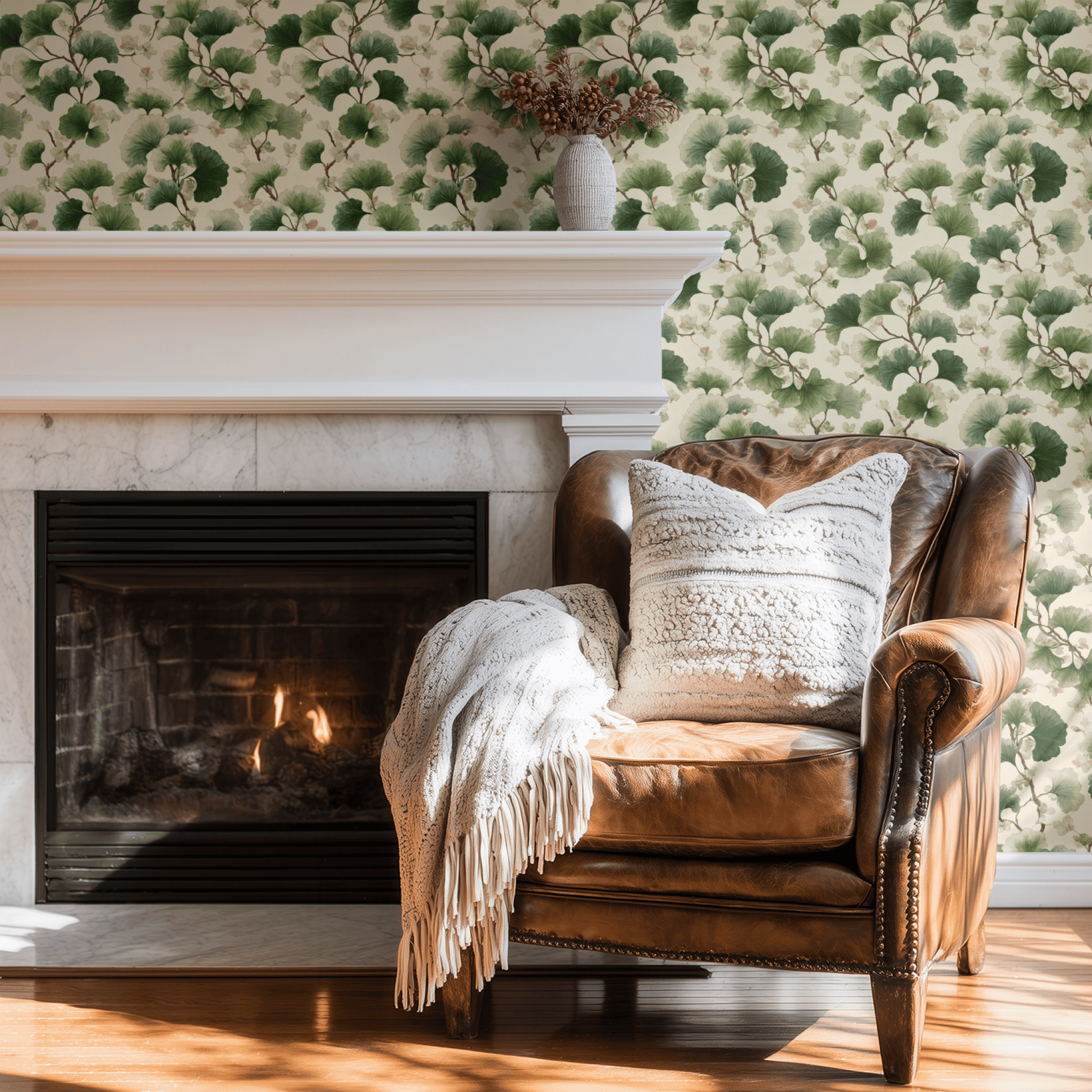 Green Botanical Wallpaper shown in a second interior with the verdant fan reading as classically Arts and Crafts decoration