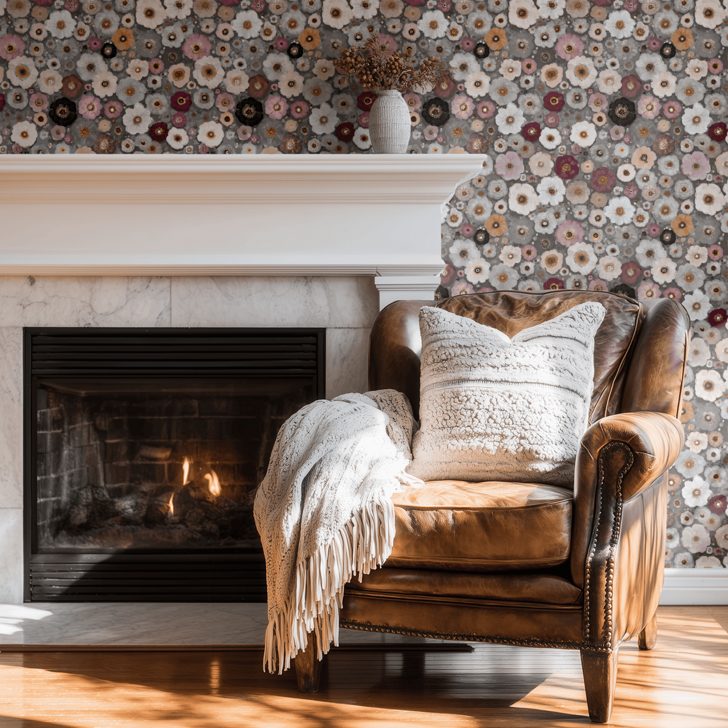 Grey Floral Wallpaper shown in a second room with the pastel petals reading as quietly soft contemporary floral decoration