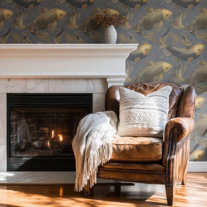 Grey Animal Print Wallpaper shown in a second interior with the gold koi reading as Japanese-decorative metallic prosperity symbol