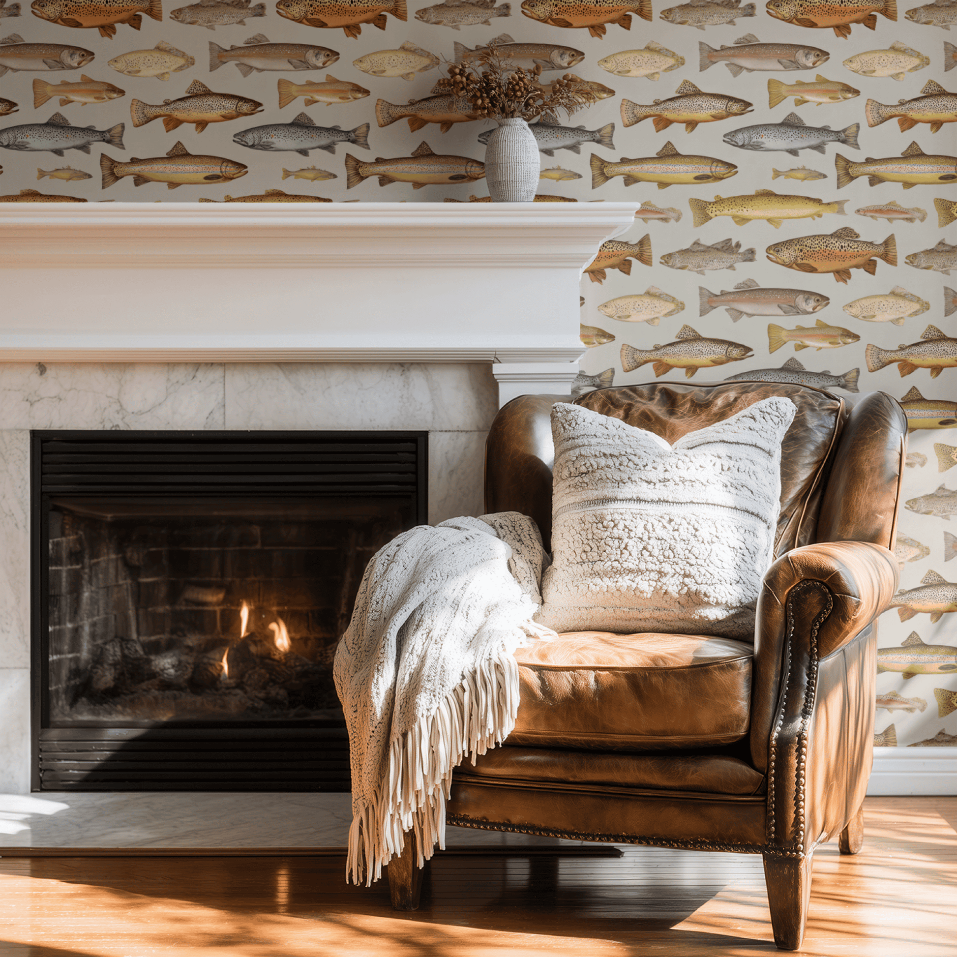 Neutral Sea Life Wallpaper installed on a room wall with serene aquatic fish pattern in earth-tone home-decor handling