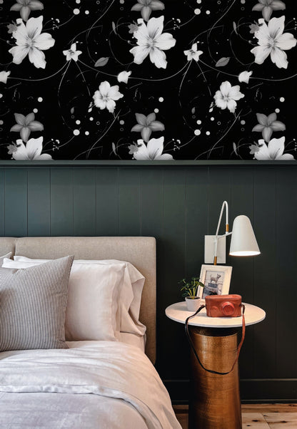 Monochrome Blossom large scale wallpaper in a styled room