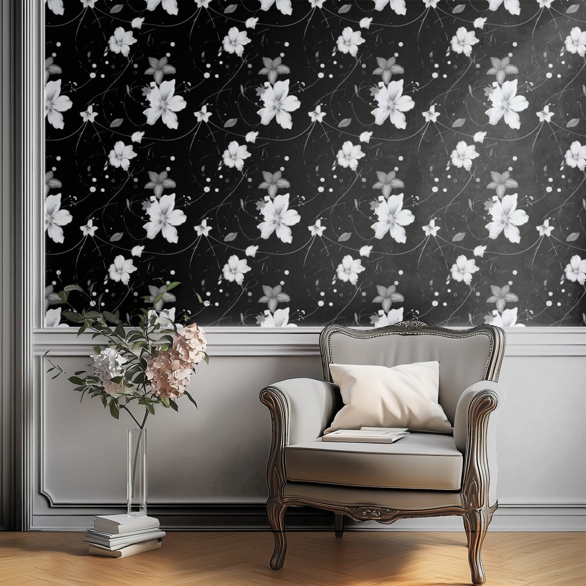 Monochrome Blossom large scale wallpaper in a styled room