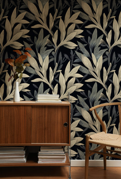 Moonlit Willow large scale wallpaper in a styled room