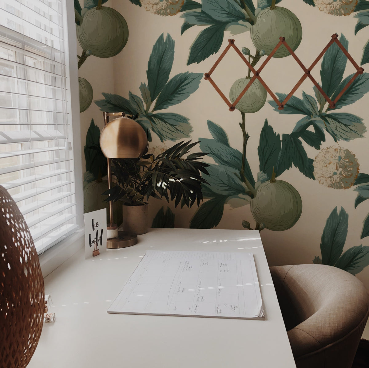 Mossy Grove large scale wallpaper in a styled room