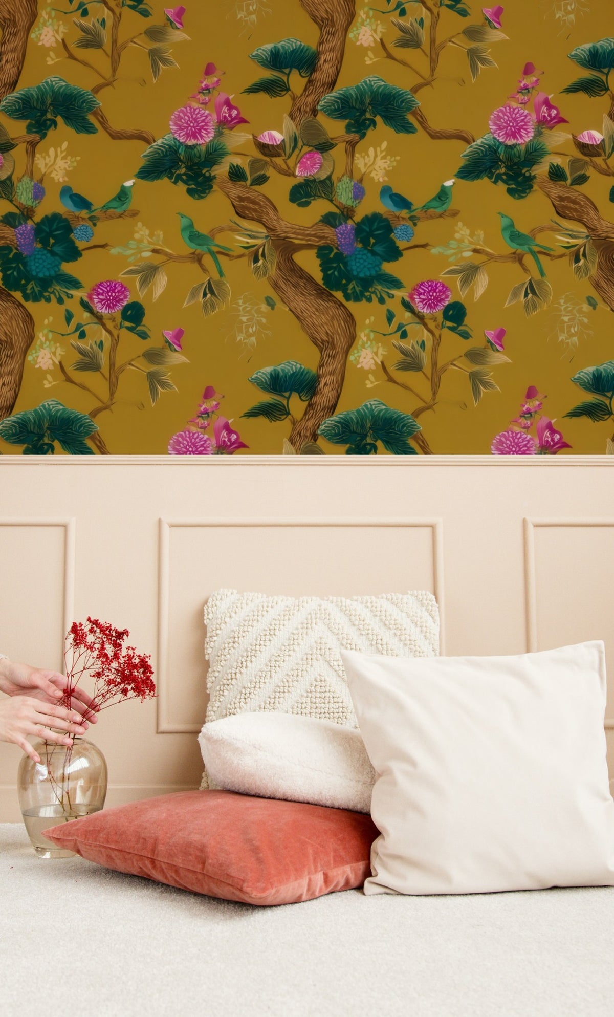 Mustard Peony large scale wallpaper in a styled room