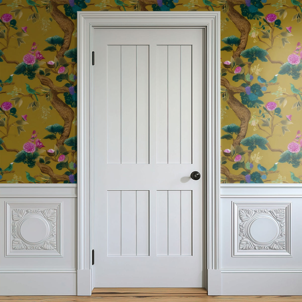 Mustard Peony large scale wallpaper in a styled room