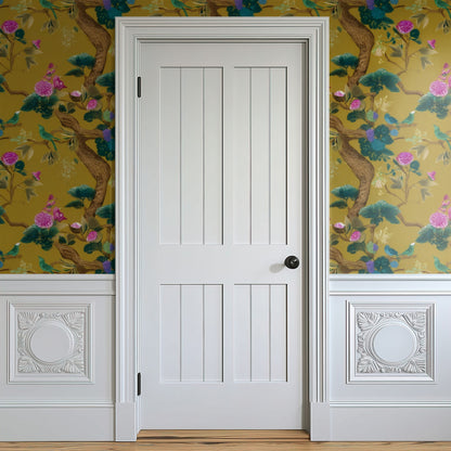 Mustard Peony large scale wallpaper in a styled room
