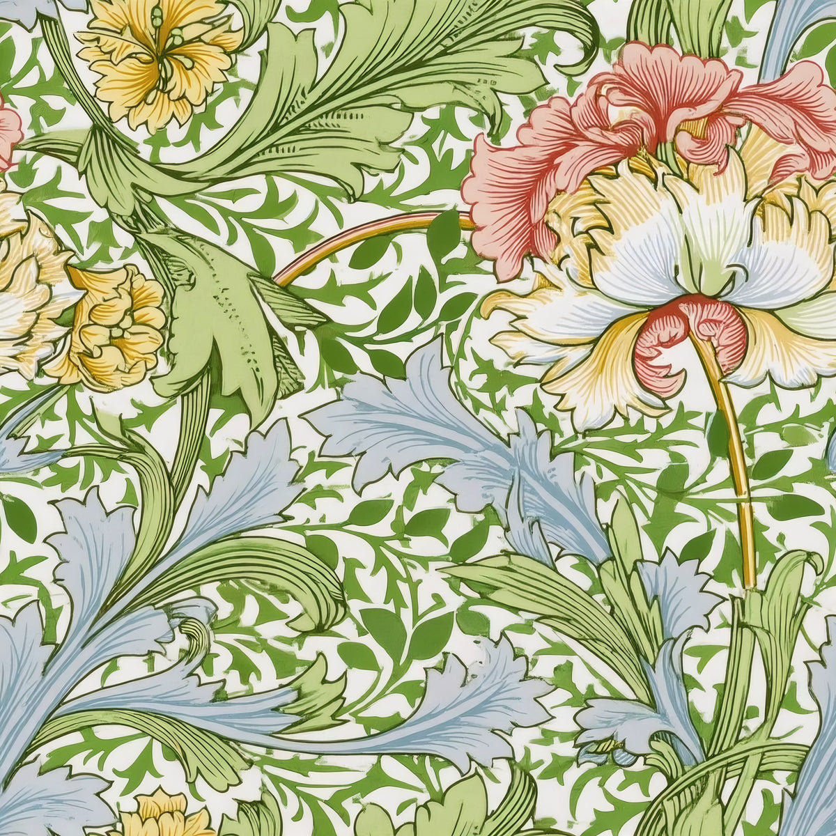 Large pink and cream flowers sit among blue and green acanthus leaves on a fresh green ground, a William Morris design.