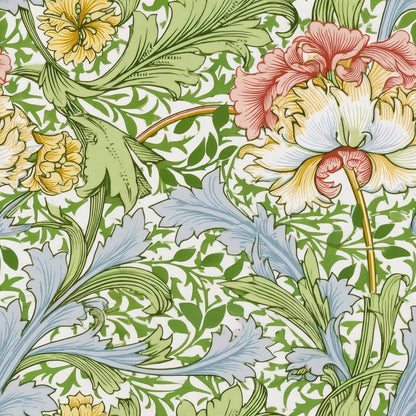Large pink and cream flowers sit among blue and green acanthus leaves on a fresh green ground, a William Morris design.