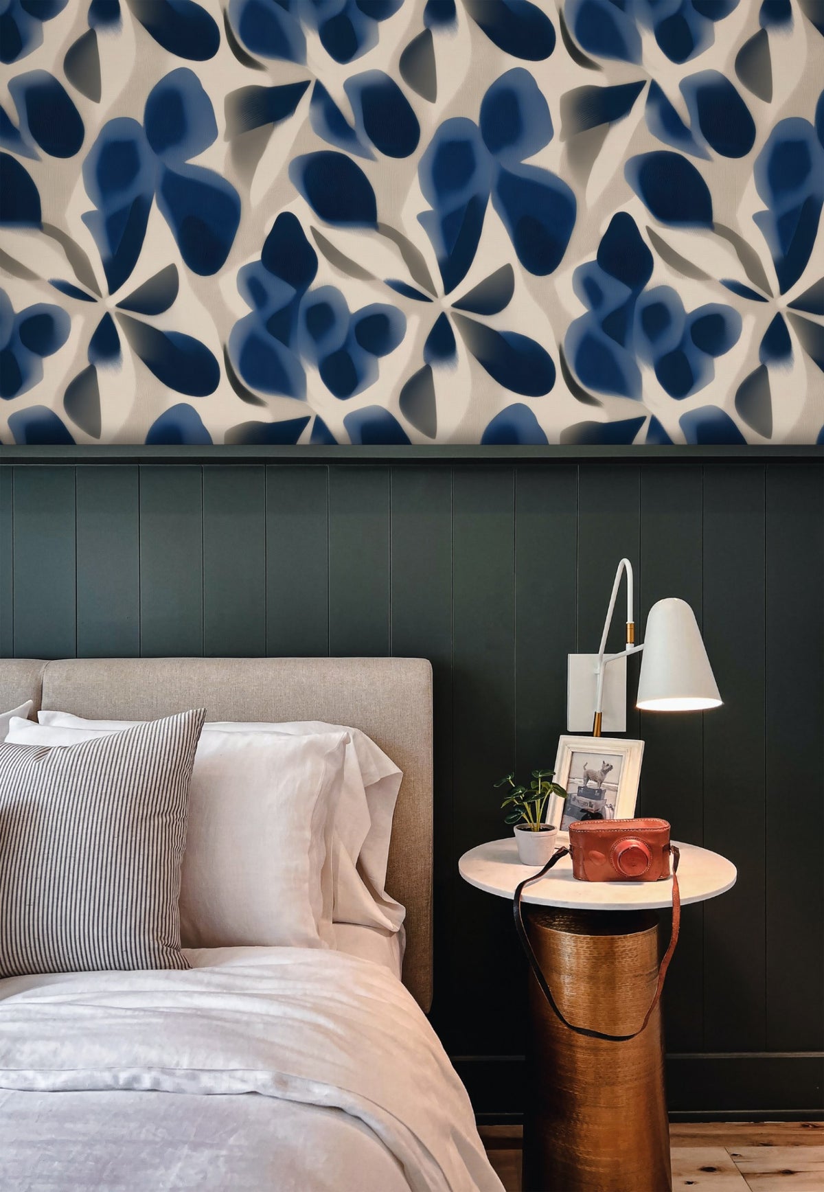 Navy Leaf large scale wallpaper in a styled room
