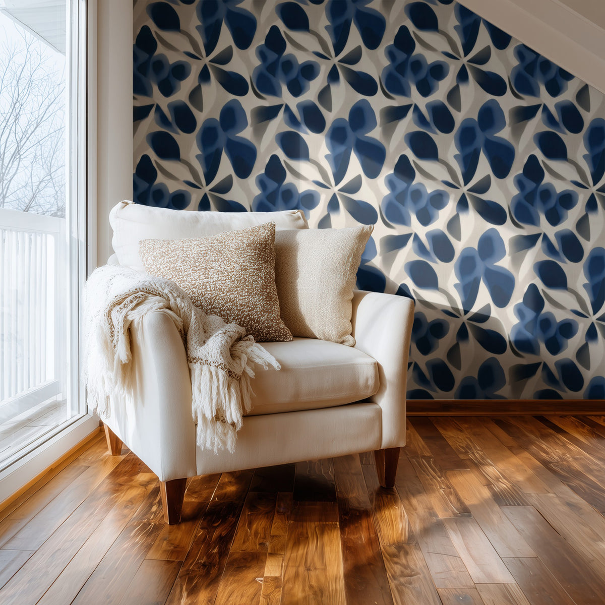 Navy Leaf large scale wallpaper in a styled room