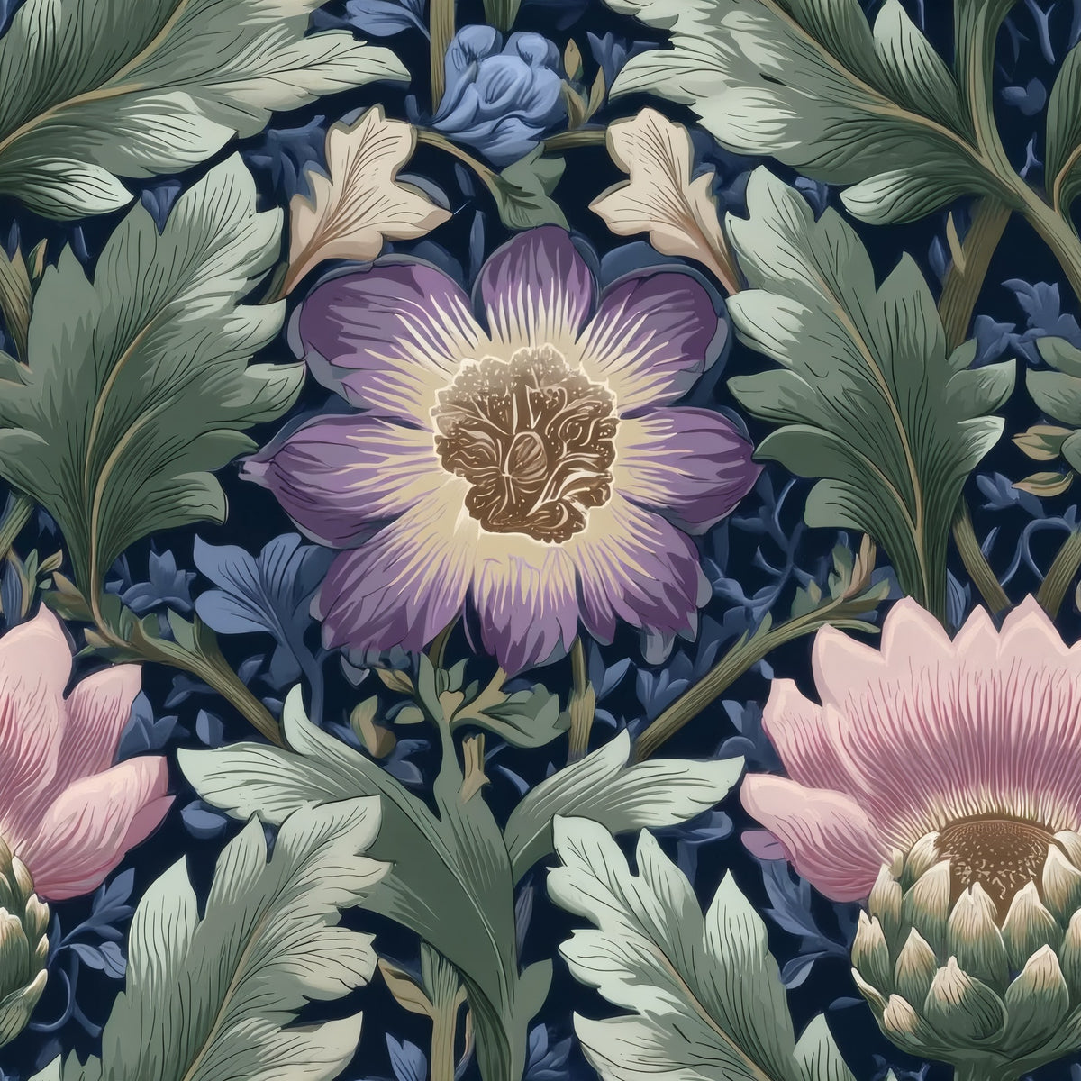 Navy Peony large scale wallpaper pattern repeat
