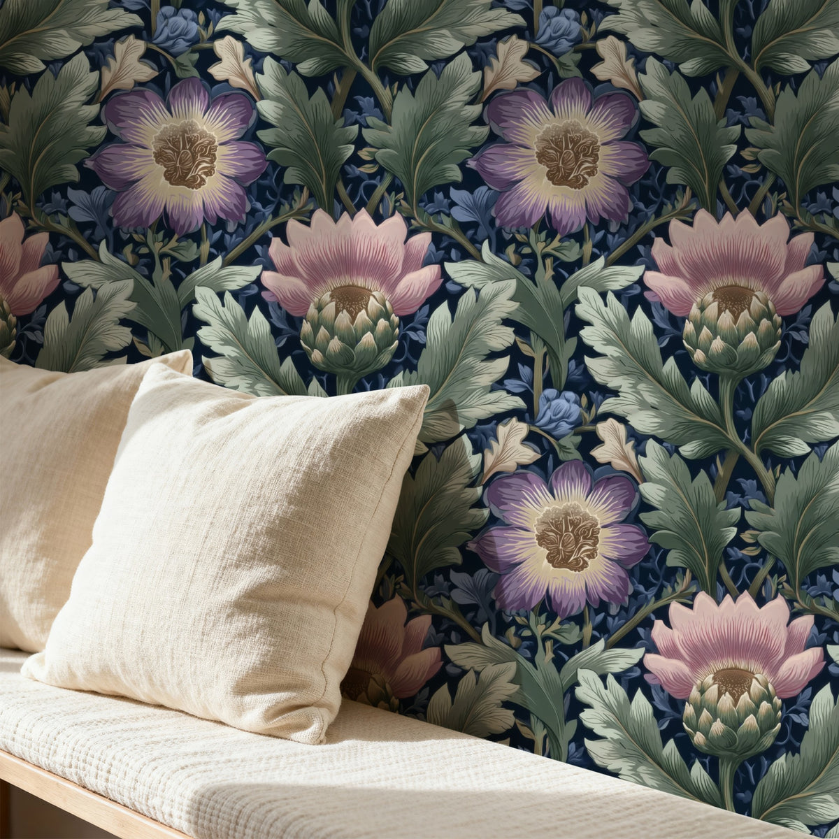 Navy Peony large scale wallpaper in a styled room