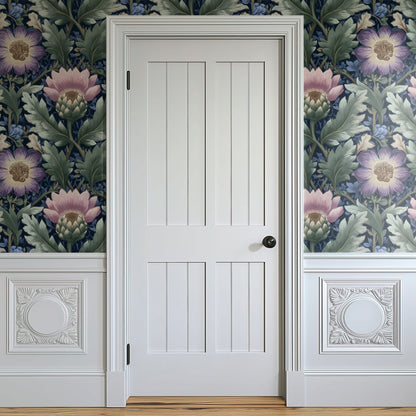 Navy Peony large scale wallpaper in a styled room