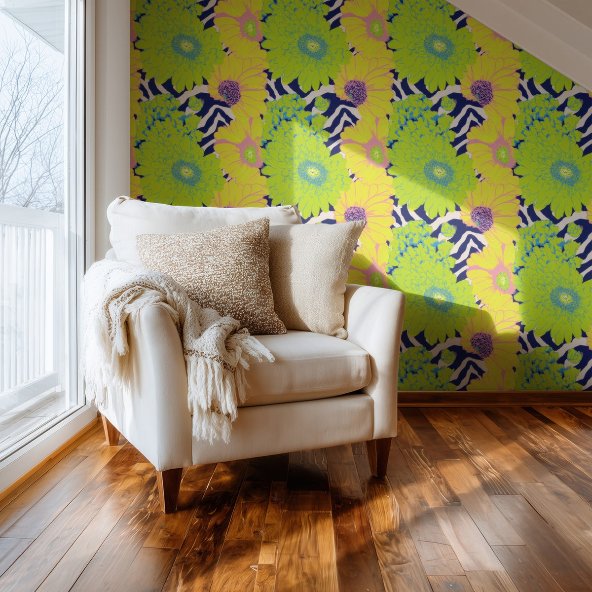 Neon Garden large scale wallpaper in a styled room
