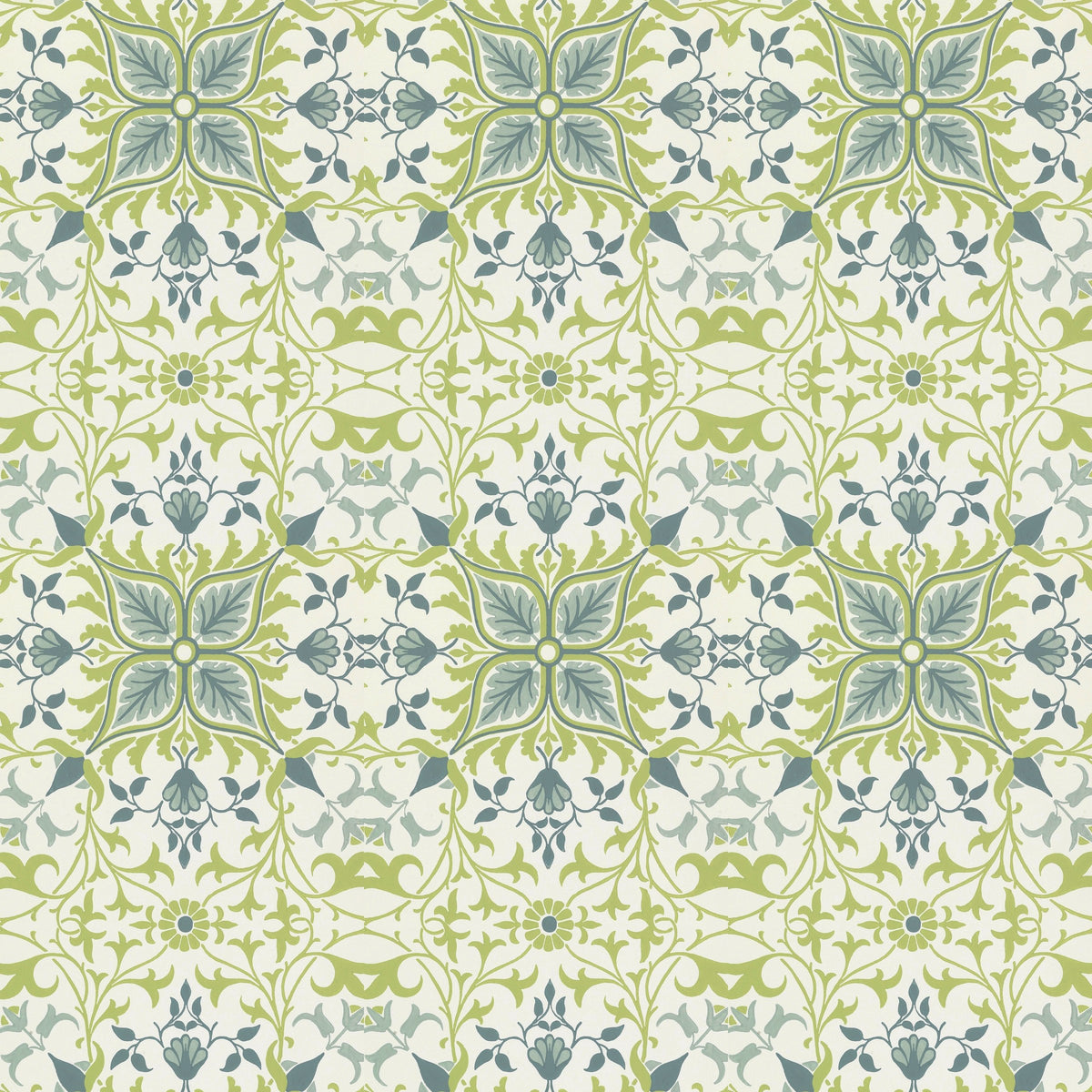 Soft blue and green leaf stars linked in a fine net on a white ground, a William Morris design.
