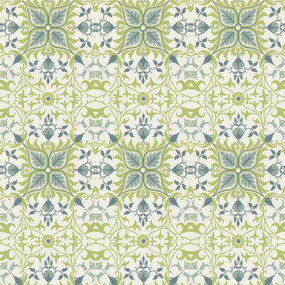 Soft blue and green leaf stars linked in a fine net on a white ground, a William Morris design.