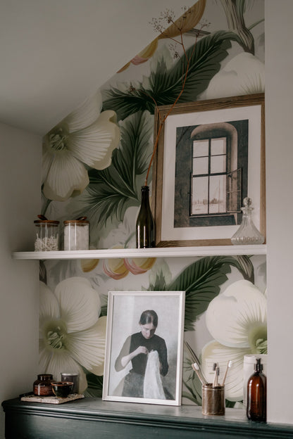 Neutral Orchard large scale wallpaper in a styled room