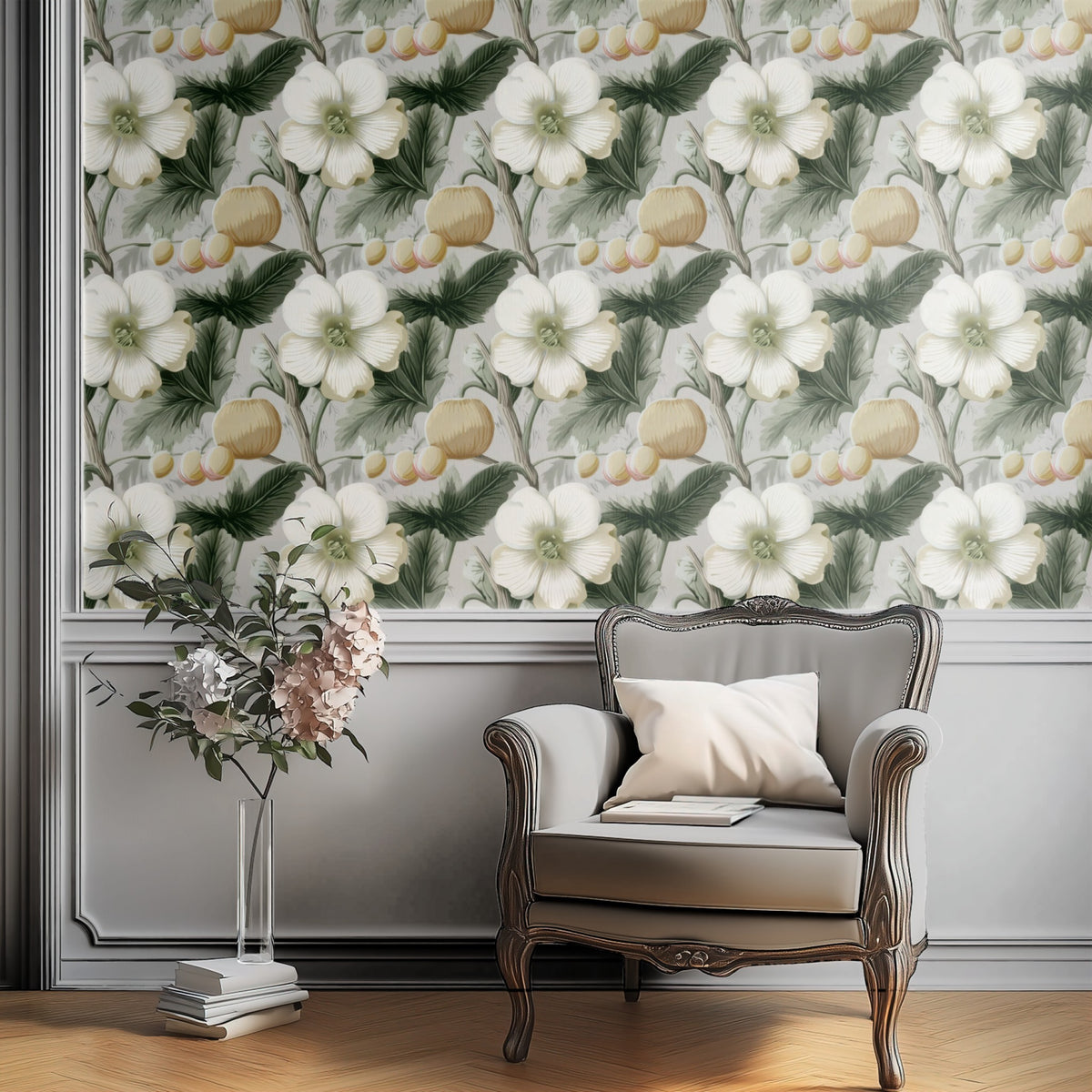 Neutral Orchard large scale wallpaper in a styled room