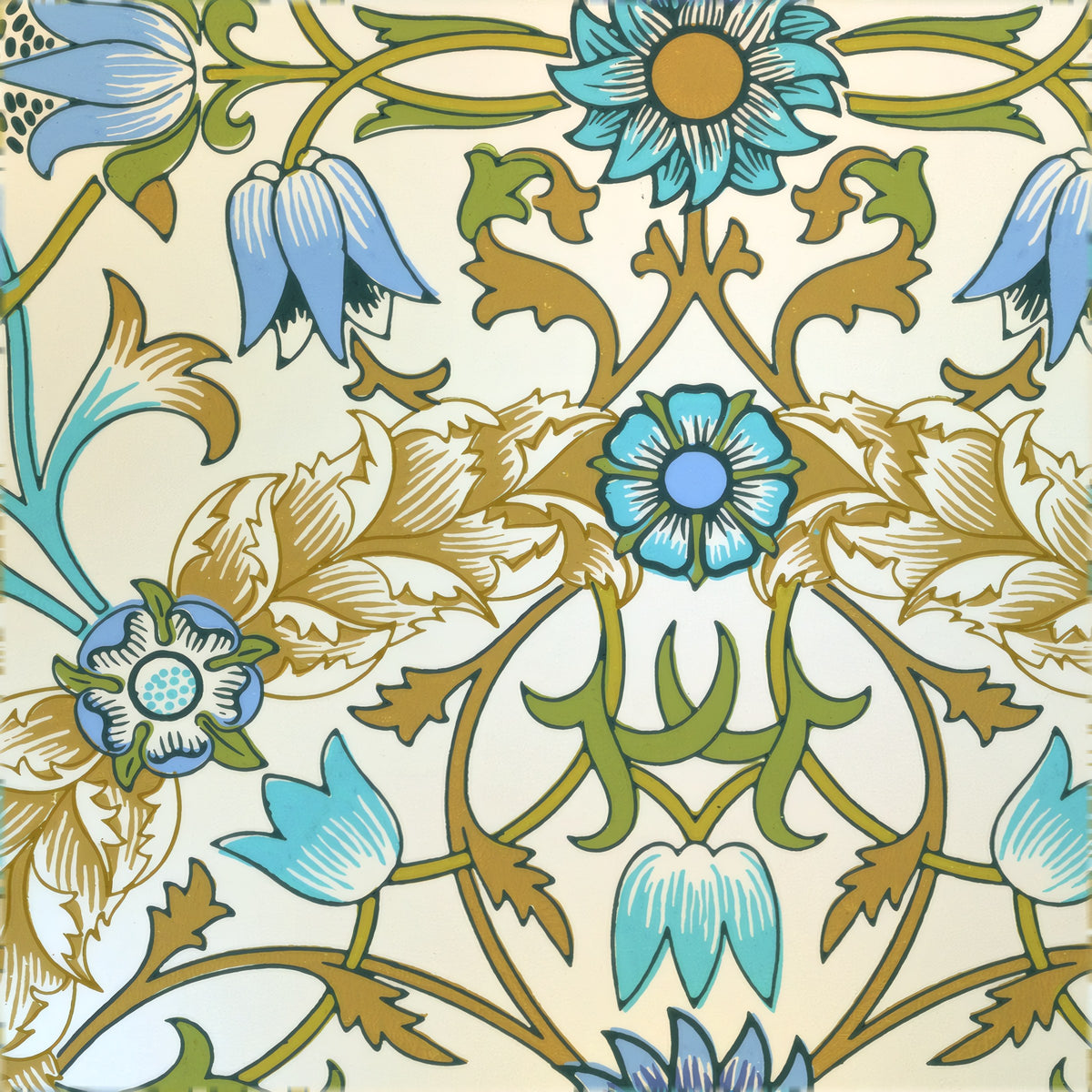 Turquoise flowers in symmetrical gold and olive scrolls on a cream ground, a William Morris design.