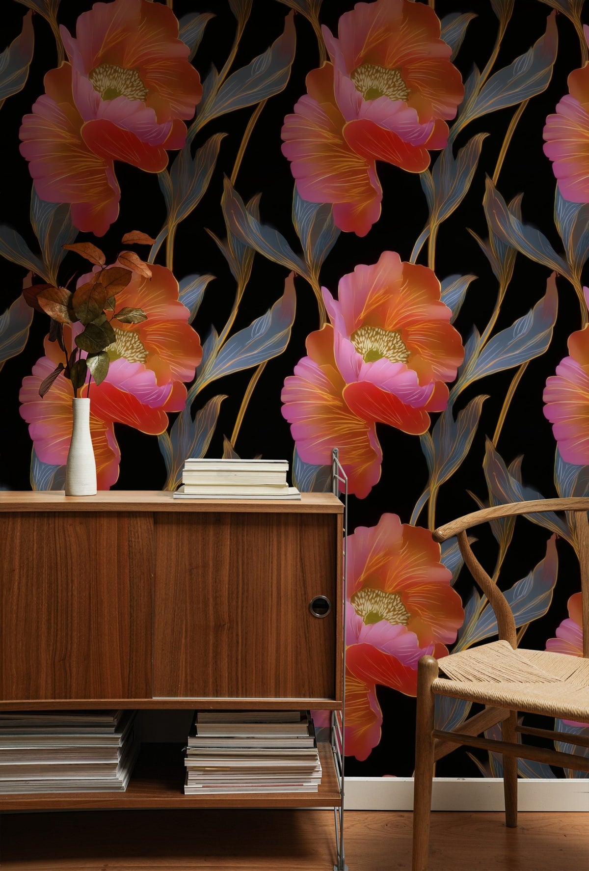 Night Poppies large scale wallpaper in a styled room