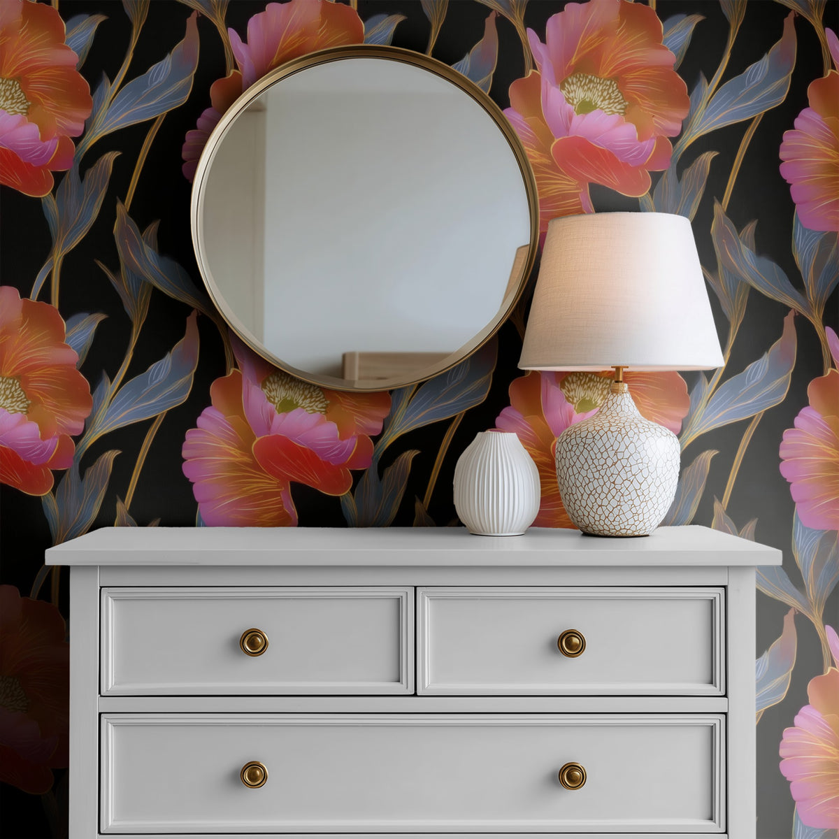 Night Poppies large scale wallpaper in a styled room