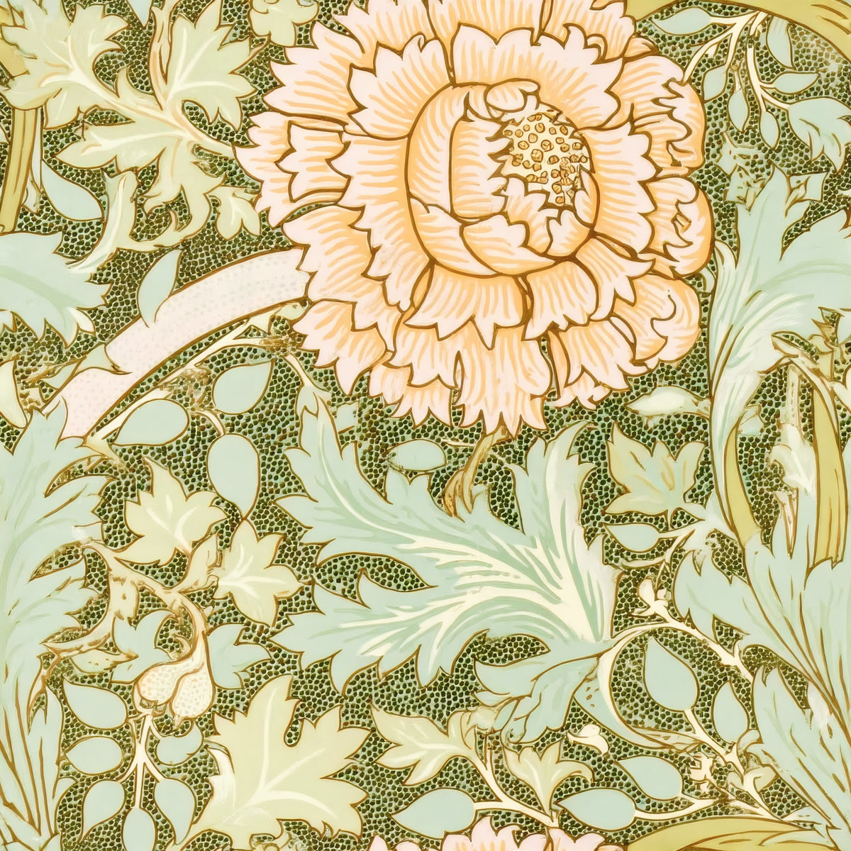 A large golden-peach flower blooms among pale acanthus leaves on a speckled moss-green ground, a William Morris design.