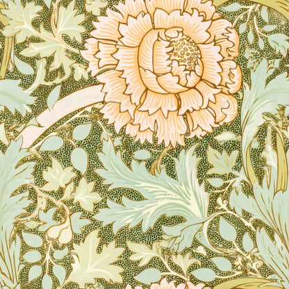 A large golden-peach flower blooms among pale acanthus leaves on a speckled moss-green ground, a William Morris design.