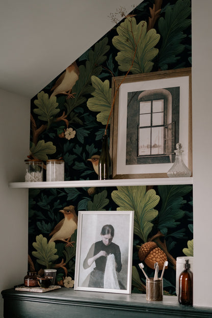 Oak Songbird large scale wallpaper in a styled room