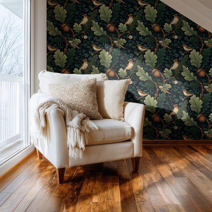 Oak Songbird large scale wallpaper in a styled room