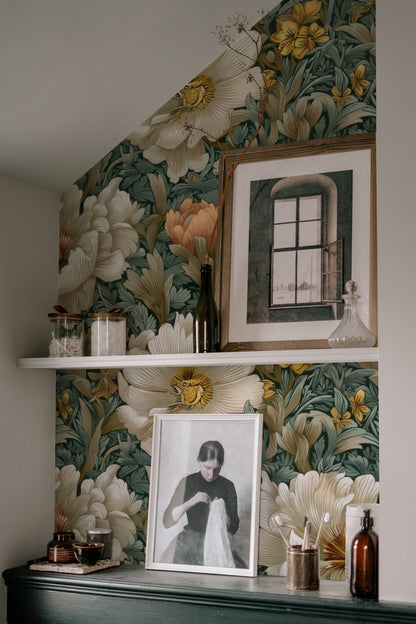 Olive Blossom large scale wallpaper in a styled room