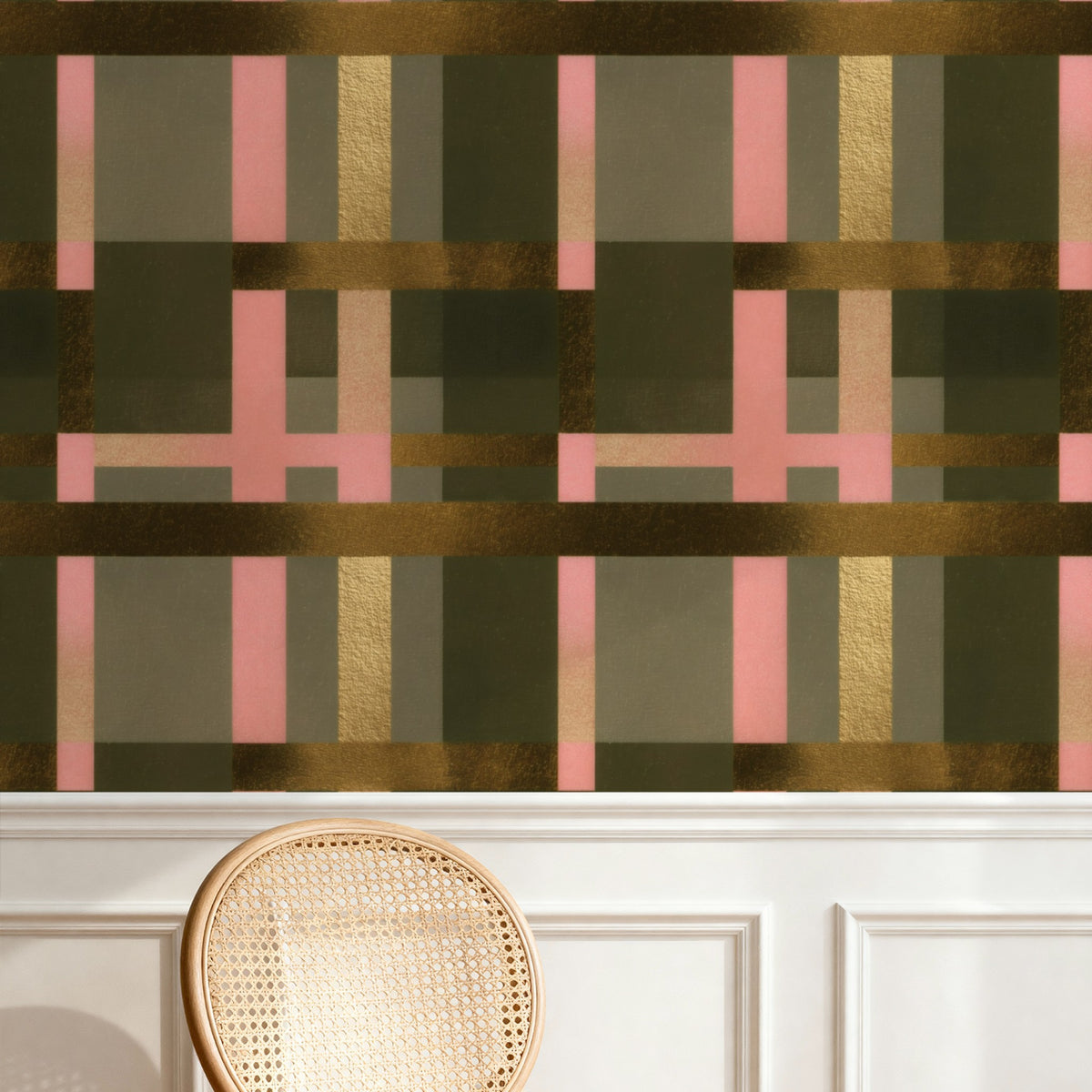 Olive Plaid large scale wallpaper in a styled room